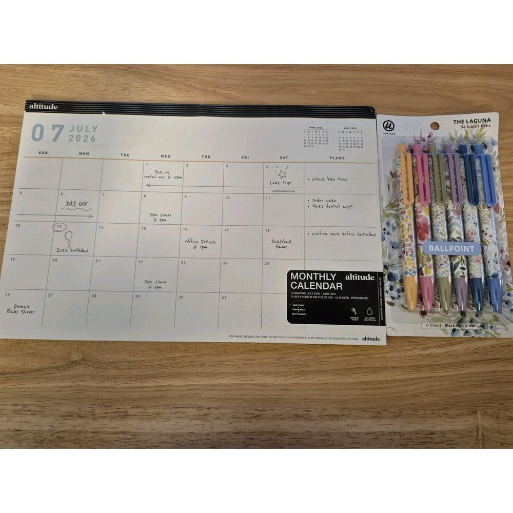 U Brands 6 Ballpoint Pens Black Ink 1mm & July '26- July '27 Monthly Planner S18